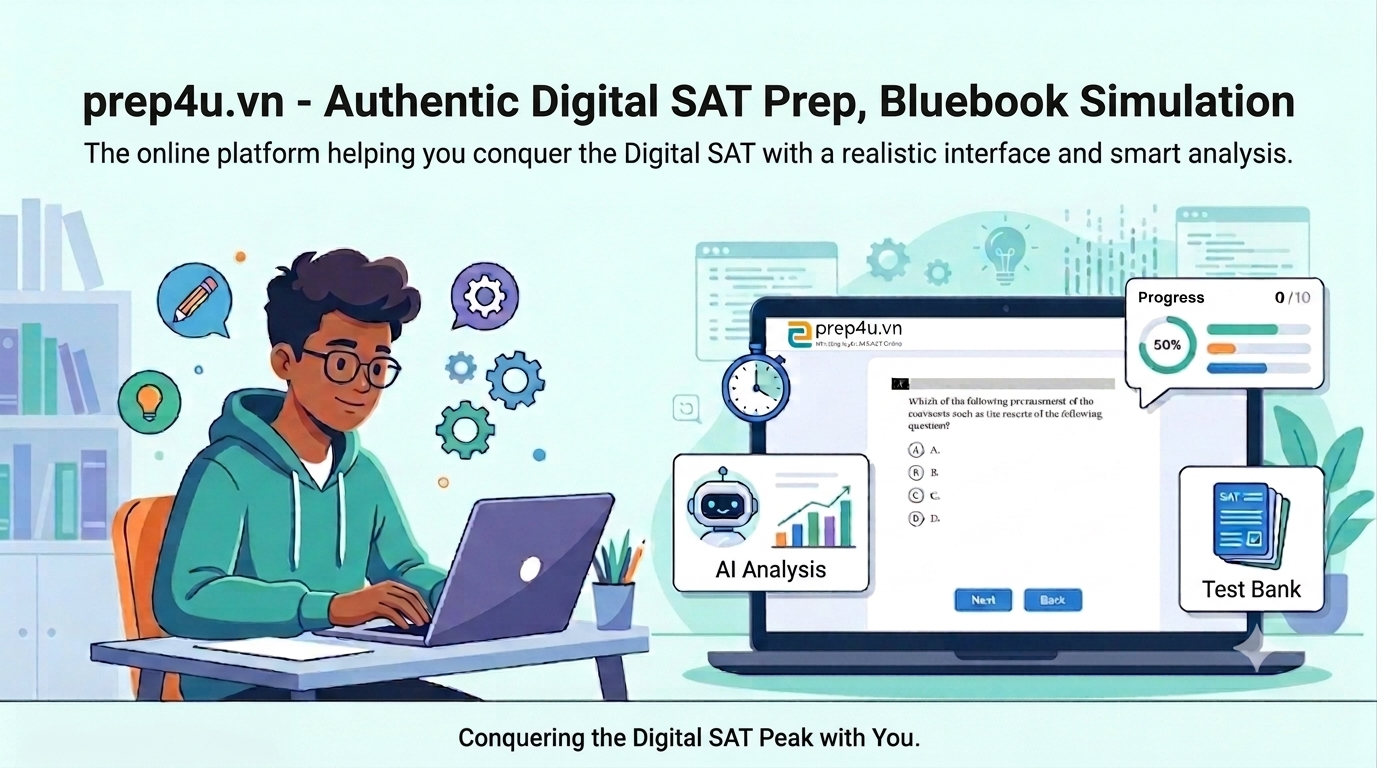 prep4u.vn - Digital SAT practice interface modeled on the Bluebook app